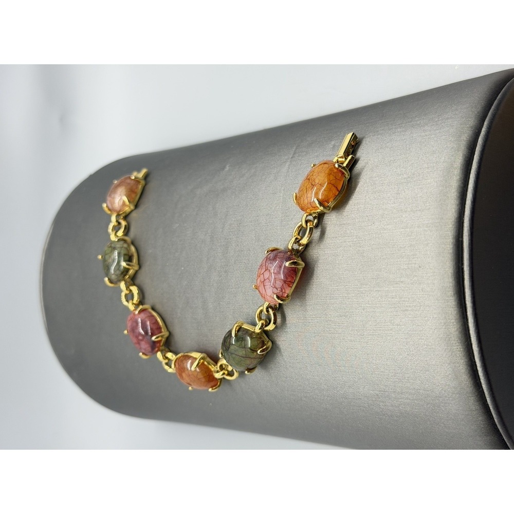 Liz Claiborne Acrylic Bracelet Gold Tone Link Multicolor Cabochon Chunky Vintage - Picture 10 of 13